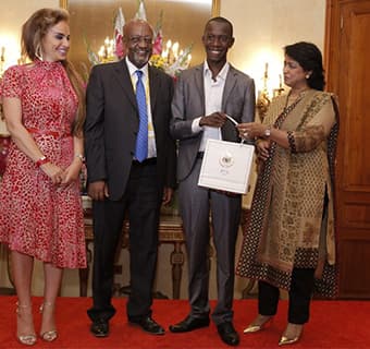 Dr. Rasha Kelej, CEO of Merck Foundation, President of the Republic of Mauritius, Her Excellency Mrs Ameenah Grurib-Fakim (centre) and Mr. Getachew Engida, Deputy Director General of UNESCO and along with the MARS winners 2017 at The State House of Maurit
