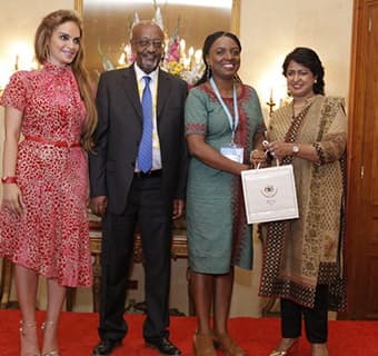 Dr. Rasha Kelej, CEO of Merck Foundation, President of the Republic of Mauritius, Her Excellency Mrs Ameenah Grurib-Fakim (centre) and Mr. Getachew Engida, Deputy Director General of UNESCO and along with the MARS winners 2017 at The State House of Maurit