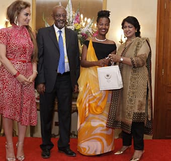 Dr. Rasha Kelej, CEO of Merck Foundation, President of the Republic of Mauritius, Her Excellency Mrs Ameenah Grurib-Fakim (centre) and Mr. Getachew Engida, Deputy Director General of UNESCO and along with the MARS winners 2017 at The State House of Maurit